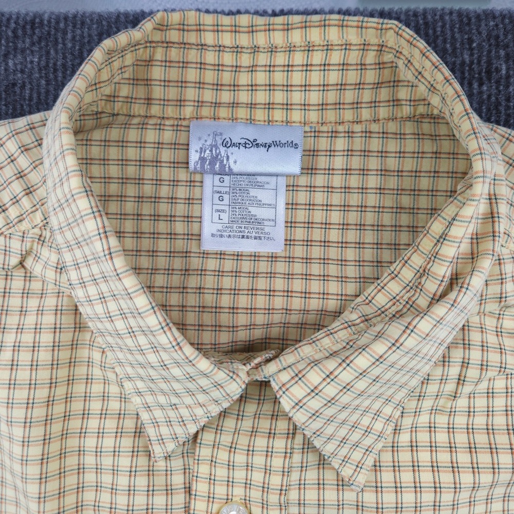 Walt Disney World Button Down Shirt Mens Large Yellow Plaid Mickey Mouse SS